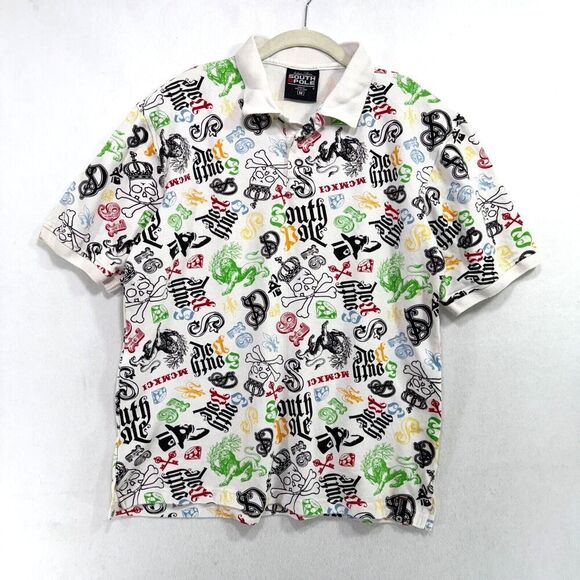 Southpole Other - Vtg South Pole Shirt Men M Off White Polo All Over Print Logo Lion Skull Y2K